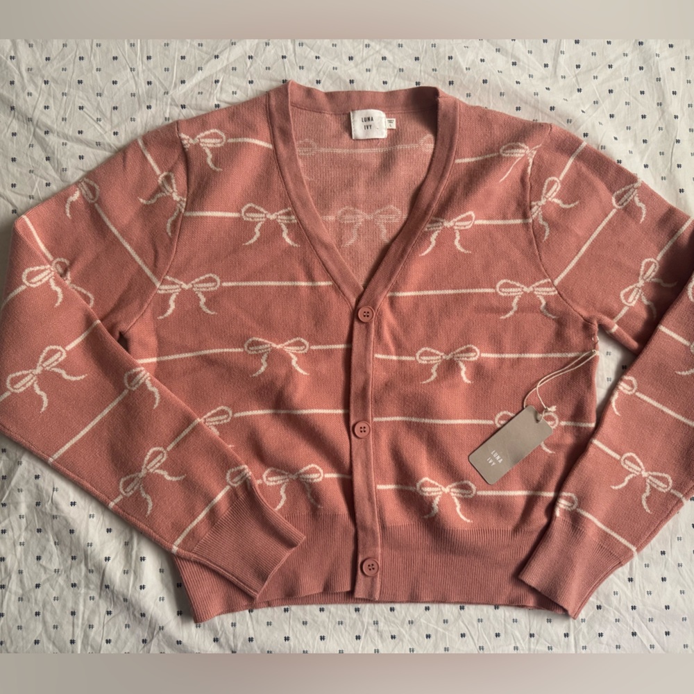 Luna Ivy Pink Bow Pattern Cardigan